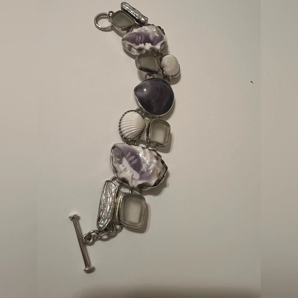 Sterling Silver Artisan Multi-Shell & Sea Glass  Bracelet Beautiful